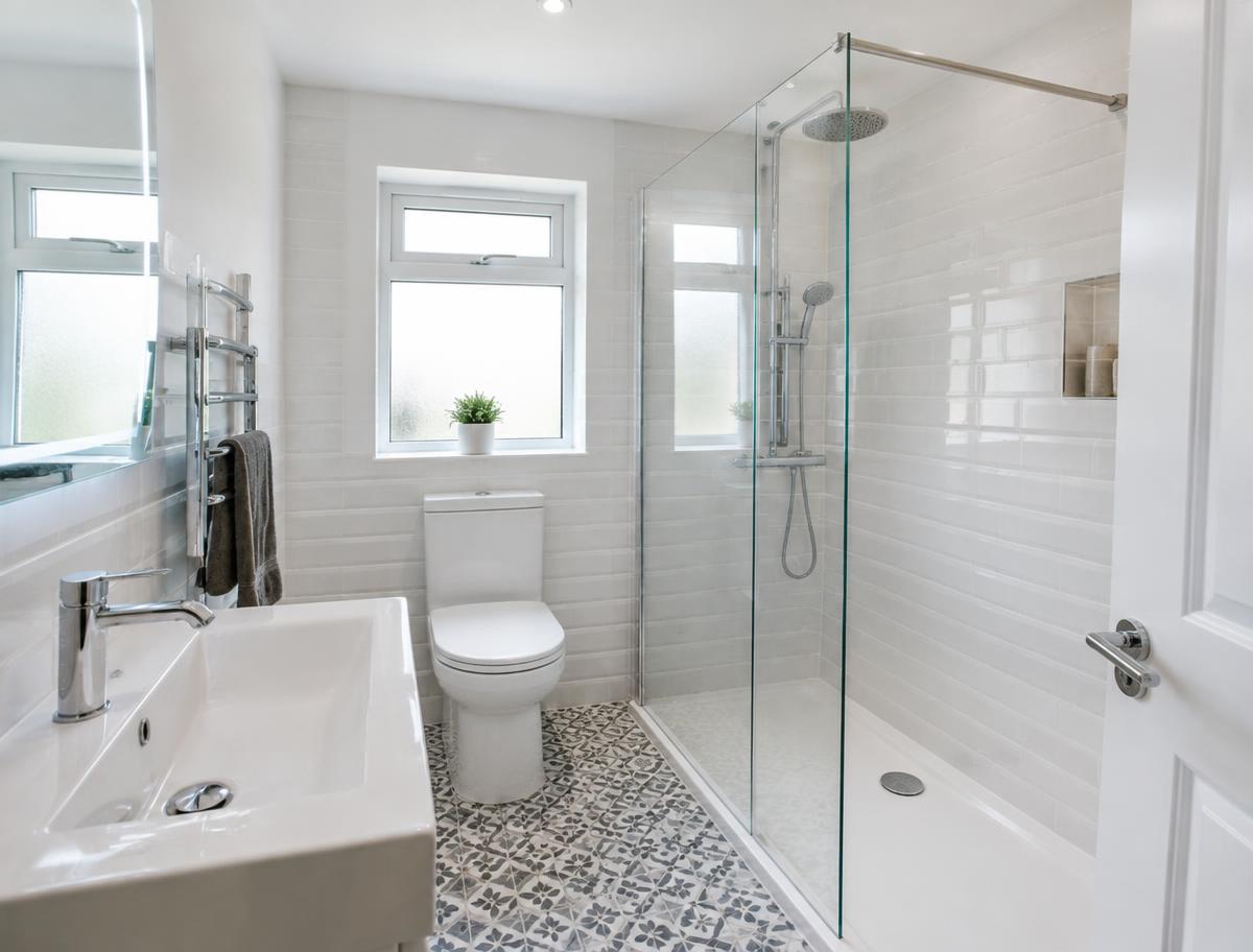 A newly installed modern bathroom suite with a rainfall shower