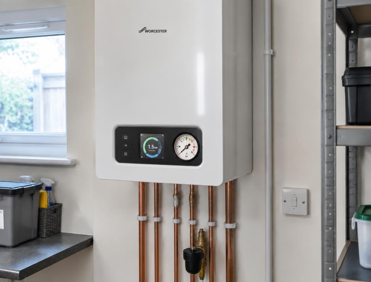 A modern combi boiler with neat copper pipework