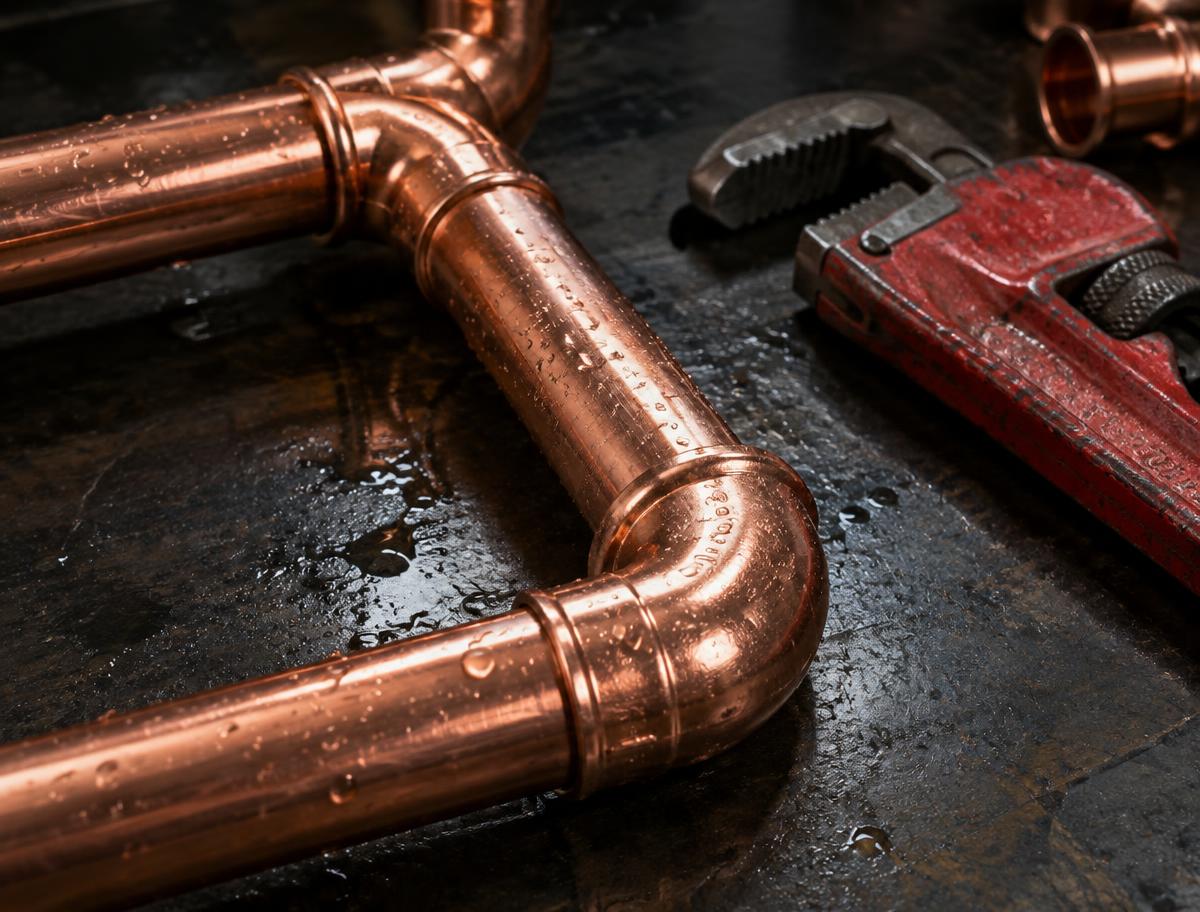 Copper pipework and fittings on a workbench